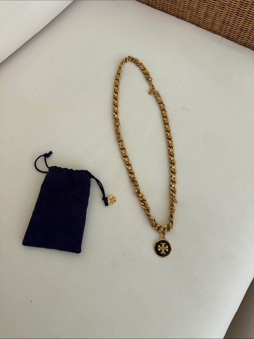 Tory Burch Gold-Tone Chain Necklace with Black Logo Pendant